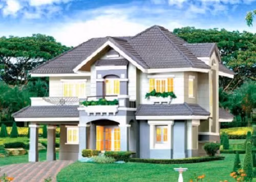 Mẫu nhà 2 tầng ở nông thôn sang trọng, với không gian sống đầy đủ tiện nghi. Ảnh: Bannhadian.