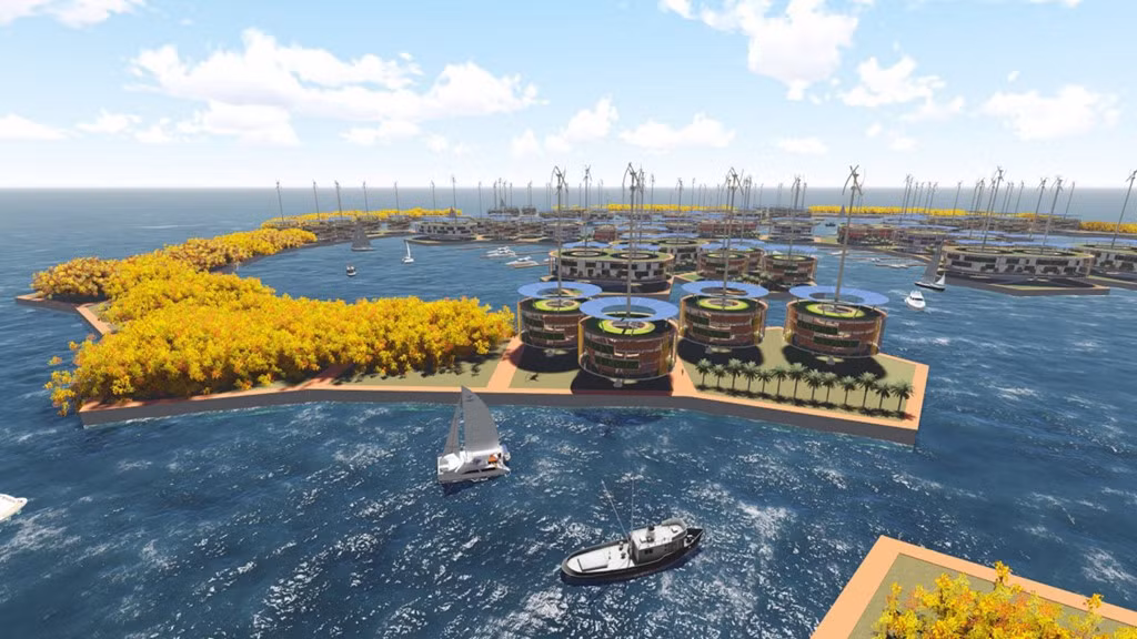 Seasteading Institute đặt mục tiêu xây dựng thành phố nổi như thế này tại French Polynesia với nhiều nhà cửa, nhà hàng, văn phòng, trường học và khách sạn vào năm 2020.