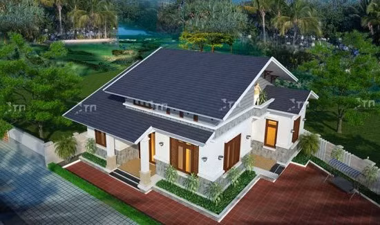 Nhà có 3 phòng ngủ đơn giản, 1 phòng khách hiện đại, nhà bếp, nhà ăn thiết kế liền kề. Sân trước rộng rãi, lát gạch đỏ rất thoáng. Ảnh: Architect.
