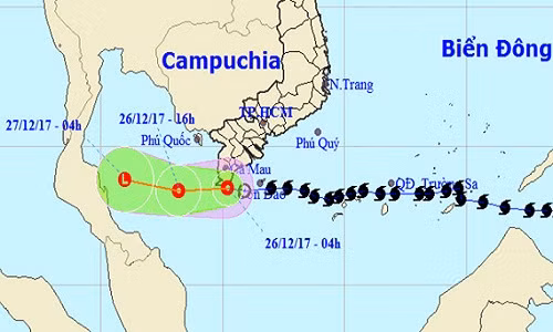 Vị trí và hướng đi của áp thấp nhiệt đới. Ảnh: NCHMF.