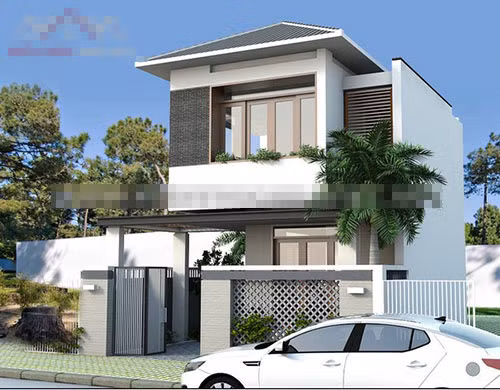 Mặt tiền nhà 2 tầng nổi bật với khu cửa lớn, ban công rộng rãi, màu sắc ngoại thất đơn giản nhưng sang trọng. Ảnh: Kientrucnhaviet.