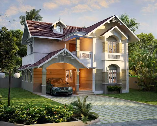 Hình khối vuông vức kết hợp mái thái lợp ngói phong cách châu Âu tạo sự vững chãi mà chi phí không quá cao. Ảnh: 10nhadep.