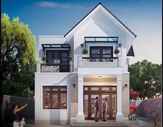 Thiết kế nhà mái thái chữ A lợp ngói màu nâu đen, cửa sổ kính khung gỗ hiện đại đẹp mắt. Ảnh: Nhabinhduong.