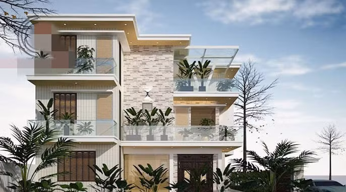 Mặt tiền zigzac lùi dần vào giúp chắn bớt nắng gắt cho căn biệt thự mái bằng nhưng vẫn đón được luồng khí tự nhiên. Ảnh: Kienanvinh.