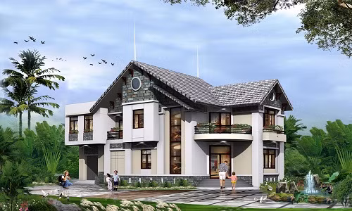 Mẫu nhà mái thái 2 tầng giả biệt thự gồm 3 phòng ngủ, phòng khách, phòng bếp và sân vườn rộng rãi. Ảnh: Kientrucadong.