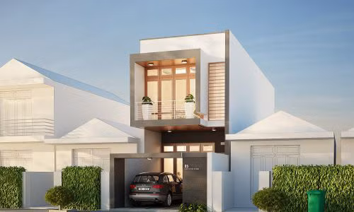 Gam màu trắng chủ đạo kết hợp với khung cửa gỗ, kính lớn làm tăng vẻ đẹp hiện đại của ngôi nhà 2 tầng. Ảnh: Internet.