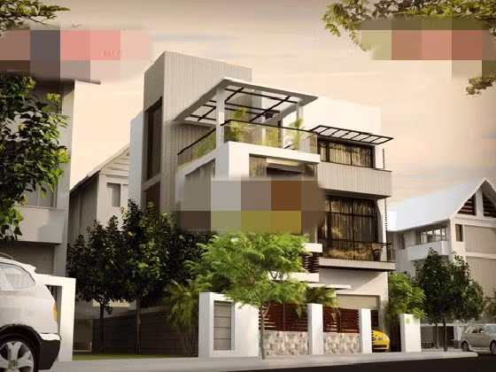 Nhà 3 tầng chữ L khắc phục nhược điểm của miếng đất hình thang. Để tạo sự vuông vắn, chủ nhà cho xây dựng một hàng rào chéo phía trước. Ảnh: Angcovat.