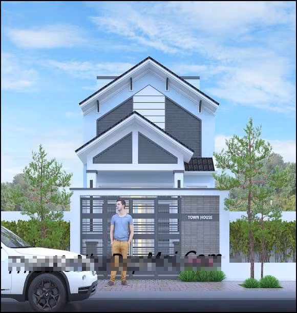 Nhà 2 tầng có gác lửng gồm 3 phòng ngủ, 1 phòng thờ, đồng thời tích hợp thêm công năng gara để xe trong phòng khách. Ảnh: Thietkenhadepmoi.