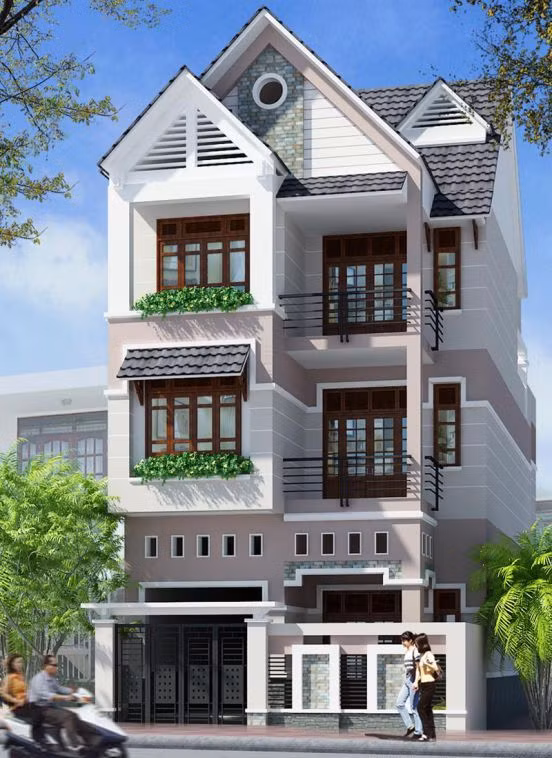 Nhà phố 3 tầng mái thái sử dụng cửa kính gỗ - xu hướng phổ biến nhiều hơn trong những năm tới. Ảnh: Datbinhduong.