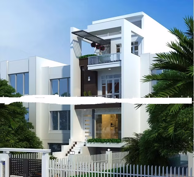 Nhà phố thiết kế trang nhã và duyên dáng với cầu thang ngoài, sân rộng lát gạch vuông với một tiểu cảnh xinh xắn. Ảnh: Kientrucnhaxinh.