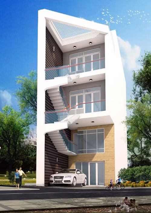 Điểm đặc biệt của ngôi nhà là cầu thang lộ thiên ở mặt tiền kết hợp lam sắt dọc trên sân thượng theo hình cánh cung trông rất lạ mắt. Ảnh: Thietkediemvang.