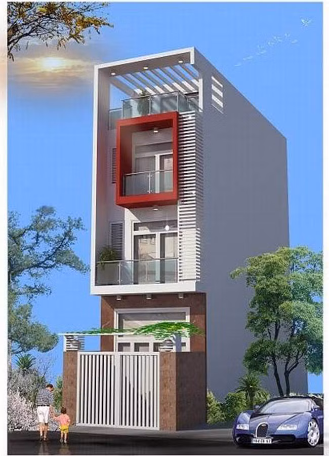 Tầng 3 sơn màu đỏ xen giữa nền tường trắng giúp ngôi nhà 3 tầng trở nên nổi bật. Ảnh: Ktshanoi.