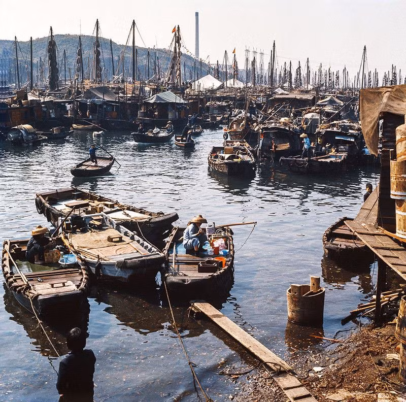 Những con thuyền tam bản ở cảng Aberdeen, 1973. Ảnh: Keith Macgregor.