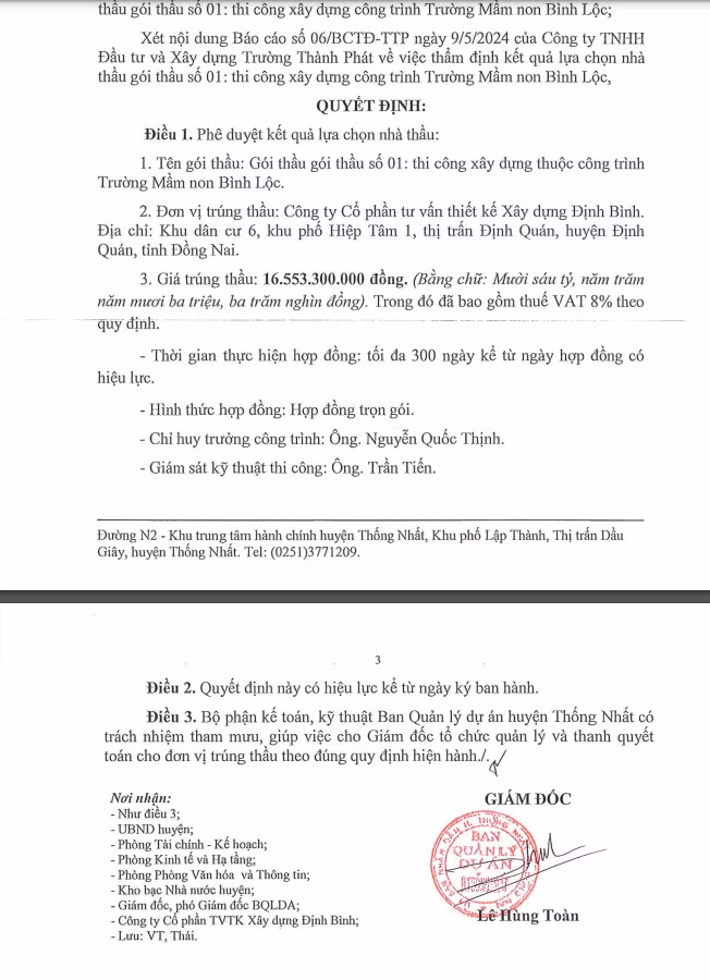 Dong Nai: Goi thau xay dung Truong MN Binh Loc ve tay Cty Dinh Binh