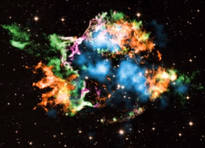Các nhà thiên văn học đã sử dụng Đài quan sát Chandra X-ray của NASA để nghiên cứu những gì còn sót lại của vụ nổ siêu tân tinh Cassiopeia A và phát hiện ra titanium, được thể hiện bằng ánh sáng xanh da trời nhạt, phát ra ngoài. Những màu sắc khác thể hiện các nguyên tố khác được phát hiện như sắt (màu cam), oxy (màu tím), silic (màu đỏ) và magie (màu xanh lá cây).