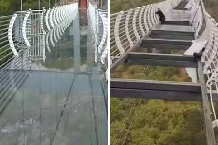 Ngày 7/5/2021, một khách du lịch bị mắc kẹt ở độ cao 100m trên cầu thủy tinh ở Trung Quốc, sau khi các tấm kính sàn bị gió mạnh thổi bay.
