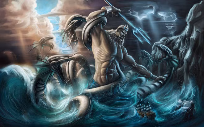 70% Trái Đất là nước và vị thần hùng bá đại dương chính là Poseidon. Xét về sức mạnh, thần biển cả chỉ đứng sau người anh em của mình là Zeus. Nhưng xét về sự đào hoa, ông cũng không thua kém mấy. Trong cuộc chiến thành Troy, Poseidon đứng về phía Hy Lạp và cũng chính ông là nhân tố cuối cùng giúp cho kế hoạch con ngựa gỗ có thể thành công. Ảnh: HipWallpaper.