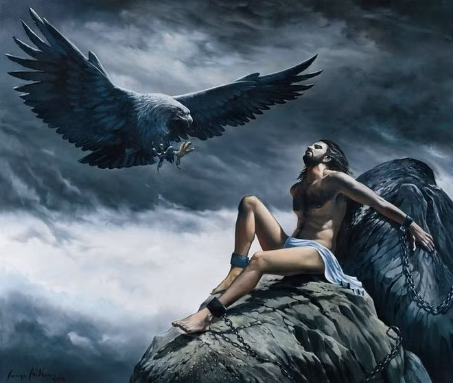 Prometheus là hậu duệ của Titan khổng lồ và cũng là vị thần tiên tri. Vì thế, khi biết trước thất bại của phe Cronos, Prometheus đã thông minh đứng về phía Zeus và tránh khỏi kết cục bị giam cầm. Tuy nhiên về sau, ông lại bị Zeus trừng phạt, trói vào tảng đá lớn, để cho đại bàng moi gan mỗi ngày. Lý do là bởi Prometheus dám cả gan đánh cắp lửa về cho nhân loại. Ảnh: The BL.