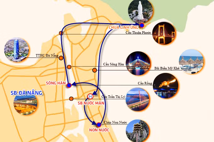 Tour trực thăng này xuất phát từ sân bay Nước Mặn ven biển Đà Nẵng – Núi Ngũ Hành Sơn – Bãi biển Đà Nẵng – Sông Hàn – Chùa Linh Ứng – Sân bay Nước Mặn.