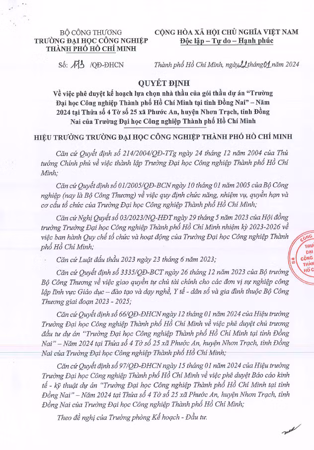 Cty Nguyen Le trung goi thau 14 ty cua Dai hoc cong nghiep TPHCM