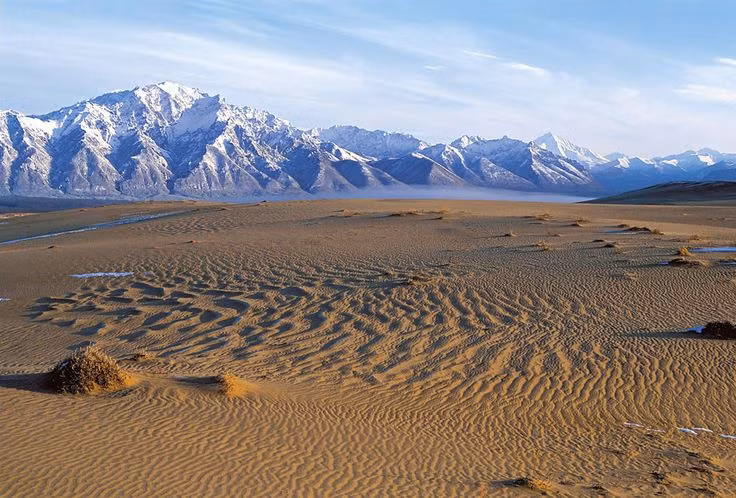 Mặc dù có các đặc điểm của một sa mạc như đụn cát cao và bão bụi, Chara Sands vẫn được bao quanh bởi rừng taiga và dãy núi Kodar phủ tuyết, tạo nên một cảnh quan độc đáo.
