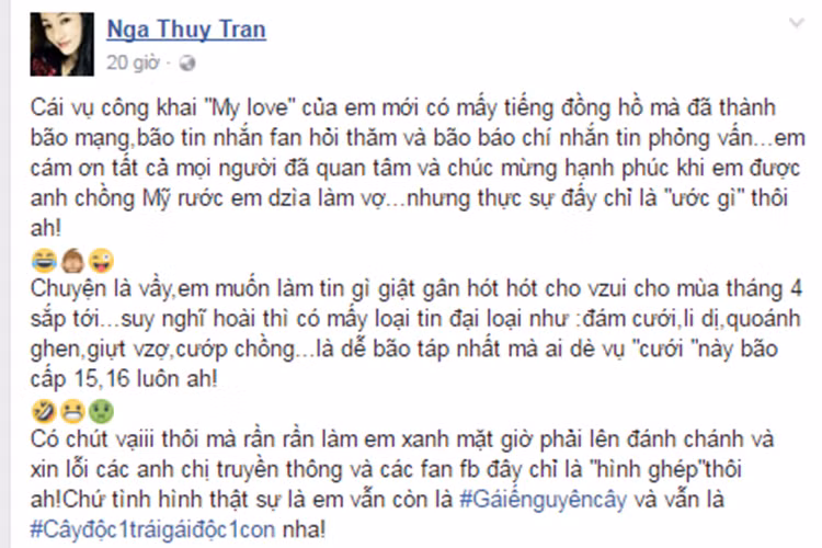 Tuy nhiên, Thúy Nga nhanh chóng lên tiếng xin lỗi đây là ảnh cưới ghép để đùa ngày Cá Tháng Tư và hiện cô vẫn còn độc thân. Lời chia sẻ này khiến không ít người hâm mộ cảm thấy hụt hẫng. Đây không phải là lần đầu tiên Thúy Nga mất điểm trong mắt khán giả. Ảnh: FBNV
