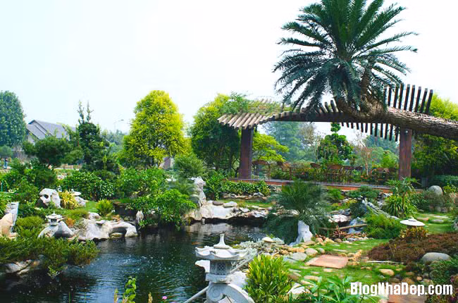 Dù cảnh trí hoàn toàn là nhân tạo nhưng vẫn rất tự nhiên, bao gồm rừng cọ đồi chè, sơn thủy hữu tình…Có nhà thủy đình, hai cây cầu bắc qua sông, có bể bơi. Ảnh: Blognhàdep.com.