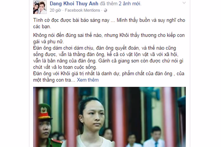 Ca sĩ Đăng Khôi cũng có những chia sẻ qua vụ án của Hoa hậu Phương Nga. Anh viết: “Tình cờ đọc được bài báo sáng nay. Mình thấy buồn và suy nghĩ cho các bạn. Không nói đến đúng sai thế nào, nhưng Khôi thấy thương cho kiếp con gái và phụ nữ. Đàn ông dám chơi dám chịu, đàn ông quyết đoán, và thế nào cũng sống được, vẫn là thằng đàn ông, kể cả có vật lộn vật vã với xã hội, vẫn là bản năng của đàn ông. Gánh cả giang sơn còn được chứ nói gì chút vất vả lo toan cuộc sống...Ảnh: FBNV