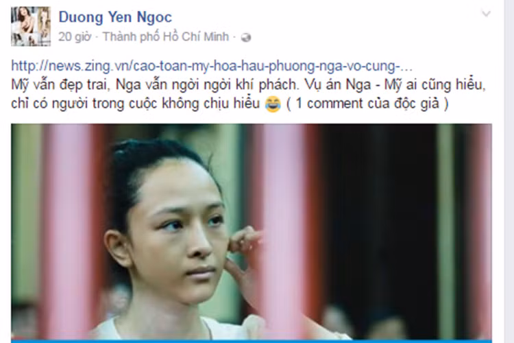 Dương Yến Ngọc trích dẫn lời bình luận của một độc giả về vụ án Hoa hậu Phương Nga. “Mỹ vẫn đẹp trai, Nga vẫn ngời ngời khí phách. Vụ án Nga - Mỹ ai cũng hiểu, chỉ có người trong cuộc không chịu hiểu”. Ảnh: FBNV