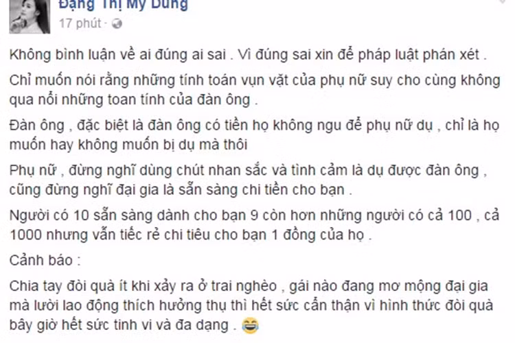 Trên trang cá nhân, hot girl Midu chia sẻ bài báo có nội dung liên quan đến phiên tòa xét xử mới đây của Hoa hậu Phương Nga. Midu cho rằng “đàn ông, đặc biệt là đàn ông có tiền họ không ngu để phụ nữ dụ, chỉ là họ muốn hay không muốn bị dụ mà thôi”. Ảnh: Giadinhvietnam