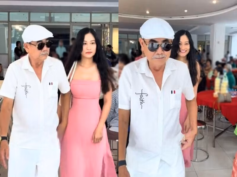 Cặp đôi chênh nhau gần 40 tuổi nắm tay tình tứ tại một sự kiện cách đây ít ngày. Ảnh: Phụ Nữ Pháp Luật.