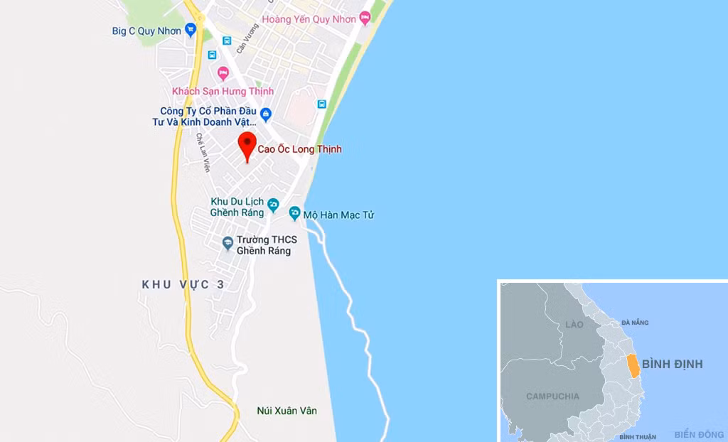 Chung cư dành cho người thu nhập thấp Long Thịnh (mũi tên đỏ, TP Quy Nhơn). Ảnh: Google Maps.
