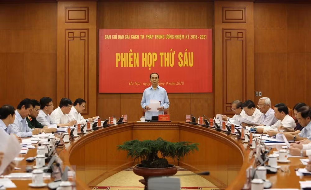 Sáng 15/9/2018, tại Trụ sở Trung ương Đảng, Chủ tịch nước Trần Đại Quang chủ trì Phiên họp thứ sáu của Ban Chỉ đạo cải cách Tư pháp Trung ương. (Ảnh: TTXVN)