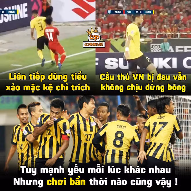 Phút thứ 71 của trận đấu, cầu thủ số 3 Shahrul Saad của Malaysia có pha chơi xấu với tiền đạo Công Phượng, khiến nhiều khán giả bức xúc. Ảnh: Top comments.