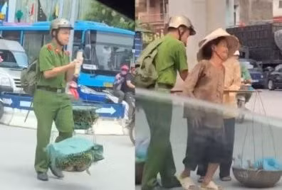 Nam sinh gánh rau giúp đỡ bà cụ khiến nhiều người cảm động. Ảnh cắt từ clip.