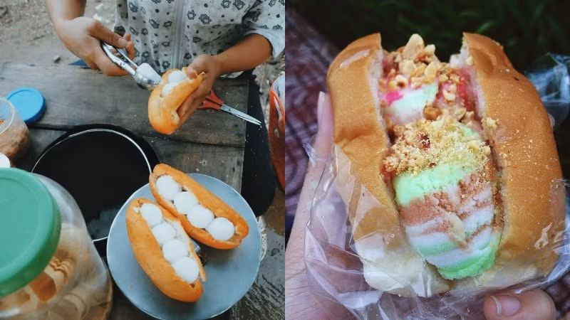 Tuổi thơ với kỷ niệm lê la hàng quán chắc hẳn sẽ không thể quên bánh mì kẹp kem. Một diều dễ dàng nhìn thấy được là món bánh mì kẹp kem có 1 sự dân dã rất khó tả, rắc thêm ít đậu phộng rang giã nhuyễn và sữa đặc thế là đã có ngay món ăn vặt.