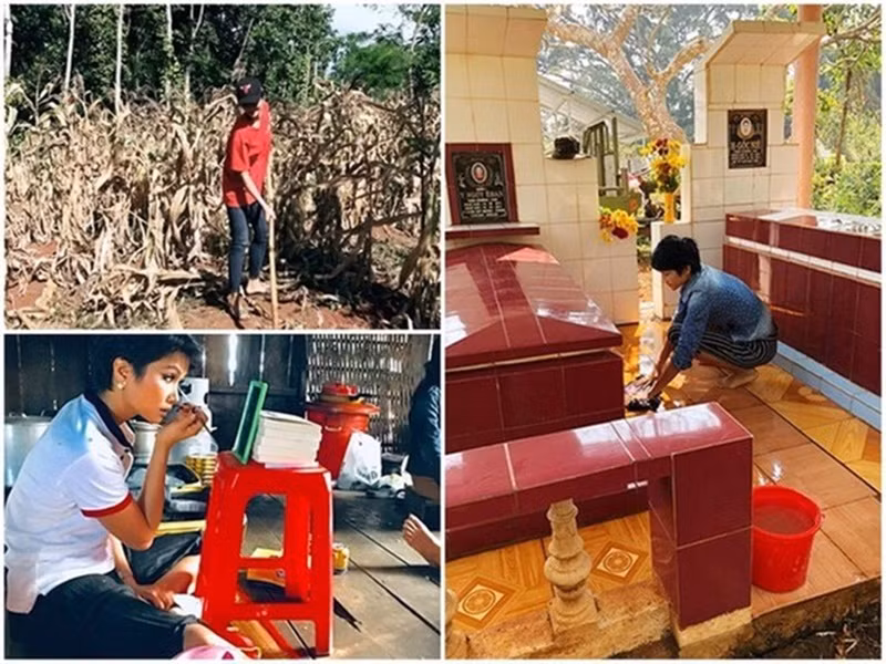 Tuy kiếm bộn tiền, H'hen Niê vẫn sống giản dị. Mỗi khi về quê, cô vẫn ra ngoài ruộng làm công việc đồng áng hay tự tay dọn dẹp phần mộ của tổ tiên. Ngoài ra, H'hen Niê không có thói quen sử dụng và mua những món đồ đắt tiền. Ảnh: FB H’hen Niê.