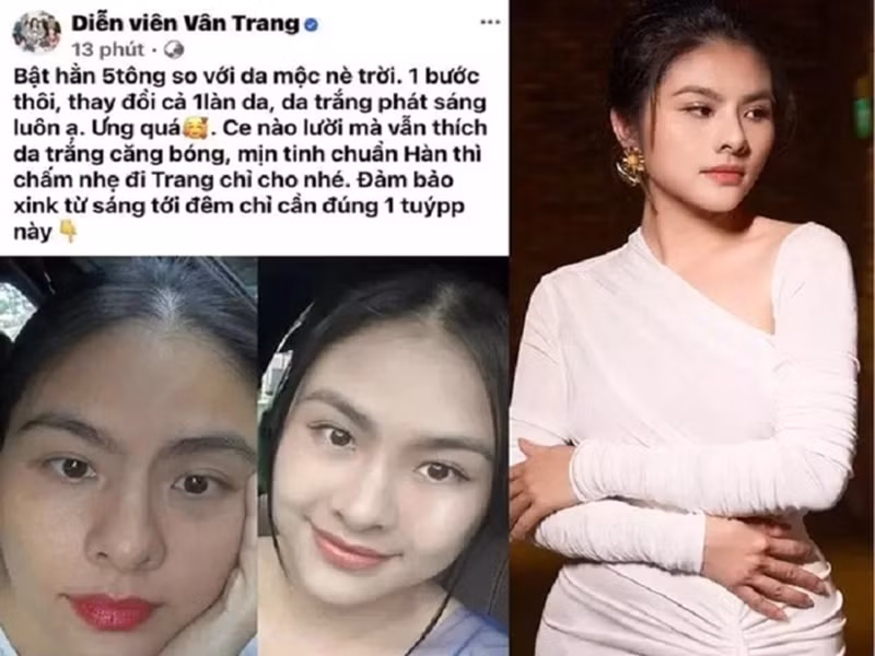 Tháng 12/2023, diễn viên Vân Trang quảng cáo một mỹ phẩm làm trắng da. Nhanh chóng, nhiều khán giả cho rằng không sản phẩm nào có công dụng làm trắng da "thần kỳ" như Vân Trang quảng cáo. Ảnh: Người Lao Động.