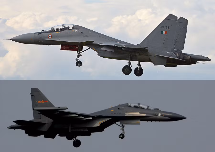 Nhìn chung Su-30MKI (trên) nắm ưu thế về khả năng cơ động, tải trọng vũ khí, trong khi J-11 có lợi thế về tốc độ, tầm bay. Mặt khác, J-11 chứa đựng nhiều thông tin chưa thể kiểm chứng về hệ thống điện tử, động cơ nên rất khó để so sánh với Su-30MKI. Ảnh: India Defence/Chinamil.