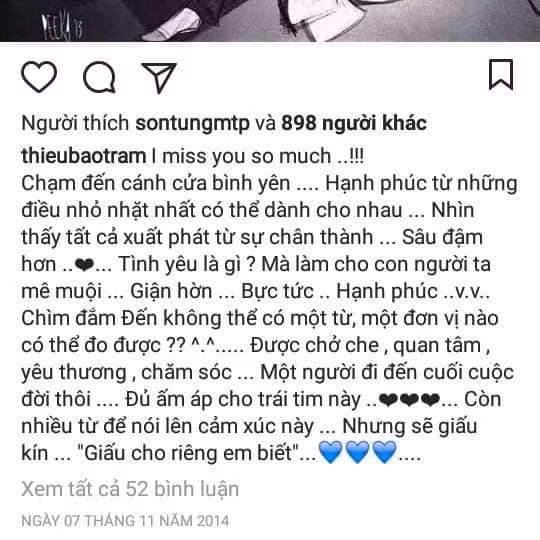 Sơn Tùng like khi Thiều Bảo Trâm nói về những hạnh phúc của tình yêu.