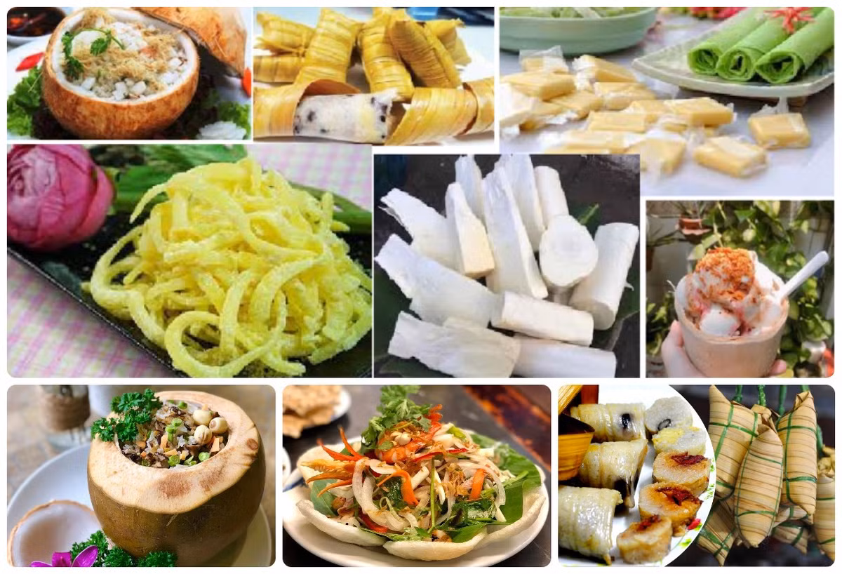 7. Các món ăn từ dừa (tỉnh Bến Tre): Tỉnh Bến Tre hiện là địa phương dẫn đầu về diện tích trồng dừa tại Việt Nam. Cây dừa nơi đây từ lâu đã đi sâu vào đời sống con người, đặc biệt là trong ẩm thực. Gần như các bộ phận của cây dừa đều có thể chế biến thành món ăn ngon, từ trái dừa, cơm dừa, nước dừa, mộng dừa, củ hủ dừa… Dừa được sử dụng để thành các nhóm thức ăn như: Gỏi, cuốn, chả giò, xào, nấu canh, kho, rang, rim, um, chiên, quay, hấp, nướng, nấu chè, làm bánh, làm kẹo…