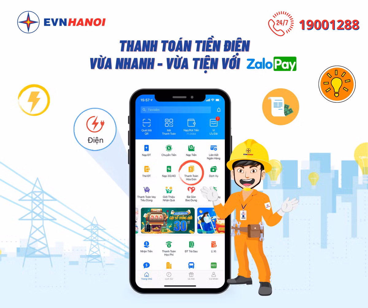 EVNHANOI da phoi hop cung ZaloPay cung cap tinh nang thanh toan hoa don dien tren ung dung