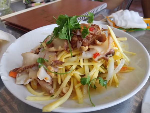 Gỏi xoài ốc giác là sự kết hợp của xoài sống và thịt ốc giác luộc. Món gỏi này có vị chua, cay, mặn, sần sật nên thường được dùng như món khai vị hay món nhấm nháp cùng bạn bè. 