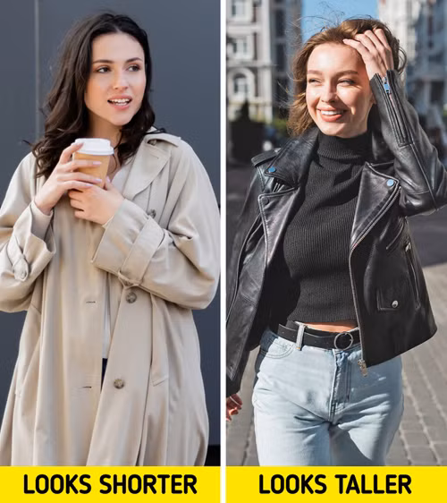 Áo croptop kết hợp khoác ngắn là lựa chọn tuyệt vời để hack chiều cao. Thực vậy, áo croptop giúp phần thân trên trông nhỏ hơn. Trong khi đó, áo khoác ngắn giúp đôi chân trông dài hơn. Trường hợp bụng mỡ, chị em có thể thay thế áo croptop bằng một chiếc sơ mi thắt eo với quần cạp cao.