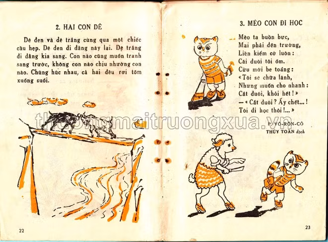 Truyện ngắn Hai con dê và bài thơ Mèo con đi học là những tác phẩm hài hước, để lại cho học sinh nhiều ấn tượng khó quên. Chị Nguyễn Thảo Vân (Hà Nội) tâm sự, bài thơ Mèo con đi học khiến chị nhớ mãi vì viết sai chính tả, bị cô giáo phê bình. 