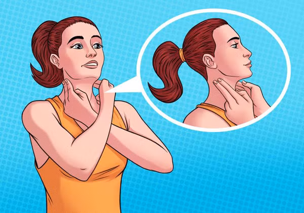 Massage hạch bạch huyết: Buổi sáng thức dậy với gương mặt sưng phù, bạn nên massage nhẹ nhàng để máu lưu thông tốt hơn. Khi thực hiện, bạn bắt chéo tay giống trong hình, đặt ngón tay vào 2 bên đầu gáy.