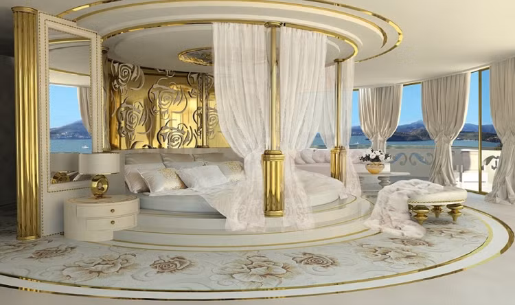 Nhà thiết kế Lidia Bersani cho biết, mỗi phòng trên siêu du thuyền được trang trí với những vật dụng và đồ trang sức tinh tế phù hợp với phái nữ. Ảnh: Gian phòng với những chiếc giường tròn như trong cung điện của công chúa.