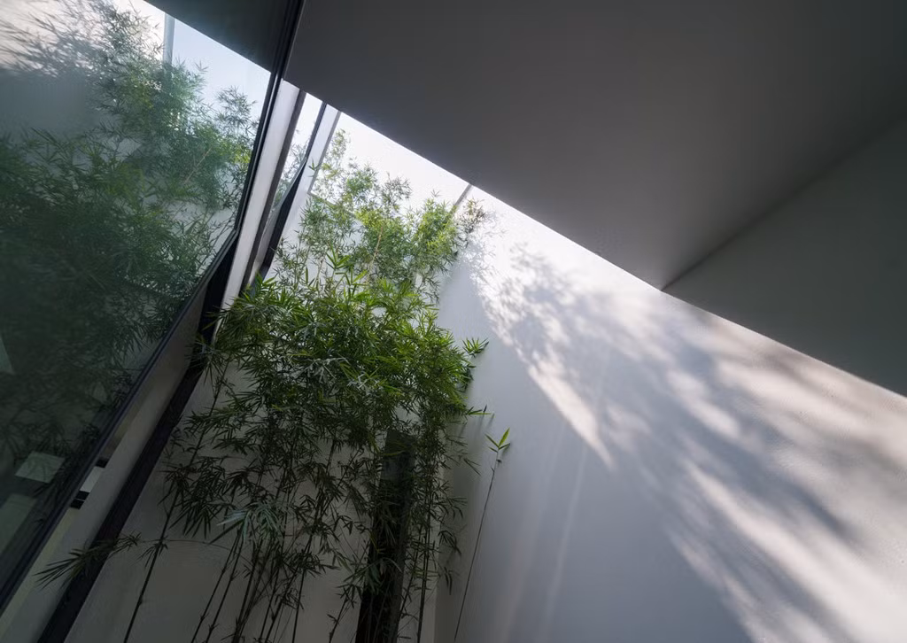 Khoảng giật ở vị trí mặt trước ngôi nhà được hướng dần vào trong tạo khoảng đệm, tránh tiếng ồn khói bụi, những bóng đổ ánh sáng được sinh ra nhằm giảm ánh nắng hướng tây tiếp xúc trực tiếp vào nhà.