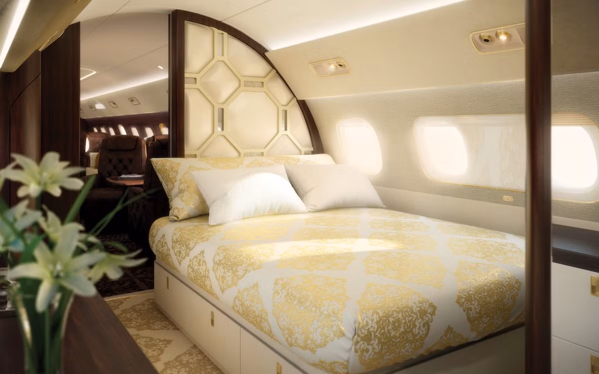 Chiếc máy bay này có 5 khu cabin lớn trang bị đầy đủ sofa và ghế da thoải mái. Ngoài ra còn có phòng ngủ rộng với giường và nhà tắm riêng.