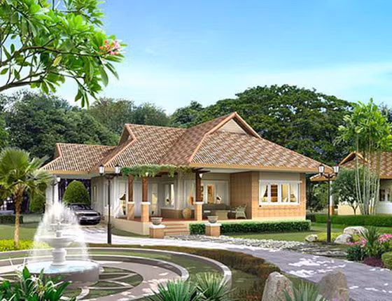 Nhà kiểu Thái cũng rất thích hợp với những miếng đất vuông vắn. Tùy theo diện tích và thiết kế của kiến trúc sư mà căn nhà có một, 2 hay nhiều mái và gia chủ có thể tận dụng mái che ô tô mà không bị hụt ánh sáng. Ảnh: Thietkebietthu.